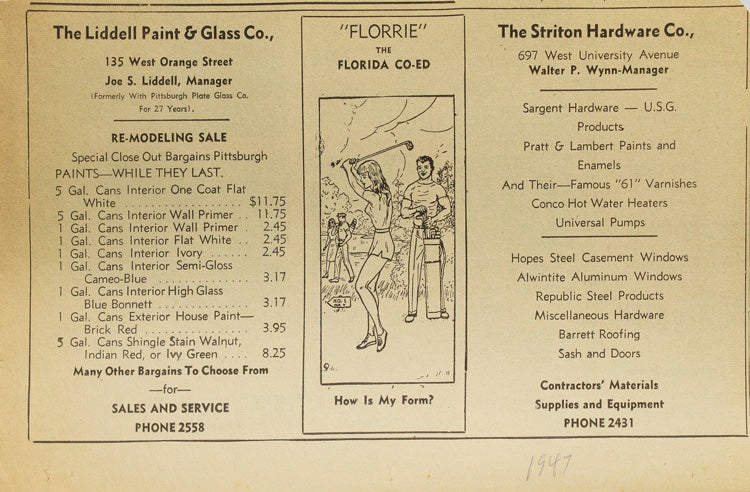 Archive of Florrie "The Florida Co-Ed" for Stringfellow Supply Co and later Striton Hardware as appearing in the Gainesville (Fla.) Sun