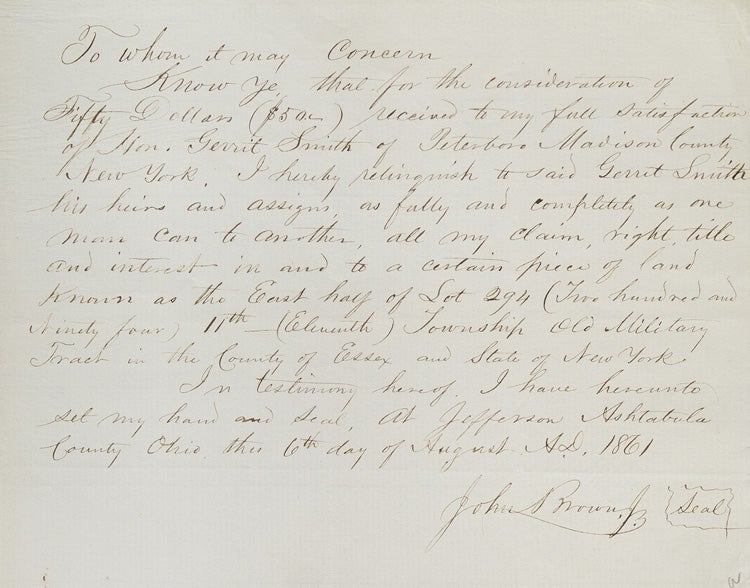 Item #313382 Autograph letter signed ("John Brown, Jr.") to Gerrit Smith, with autograph document signed, both concerning land in Essex County, New York. John Brown, Jr.