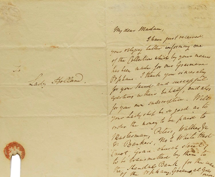 Autograph letter signed "W. Wordsworth" to Elizabeth Fox, Lady Holland, acknowledging her donation to the Grasmere orphans