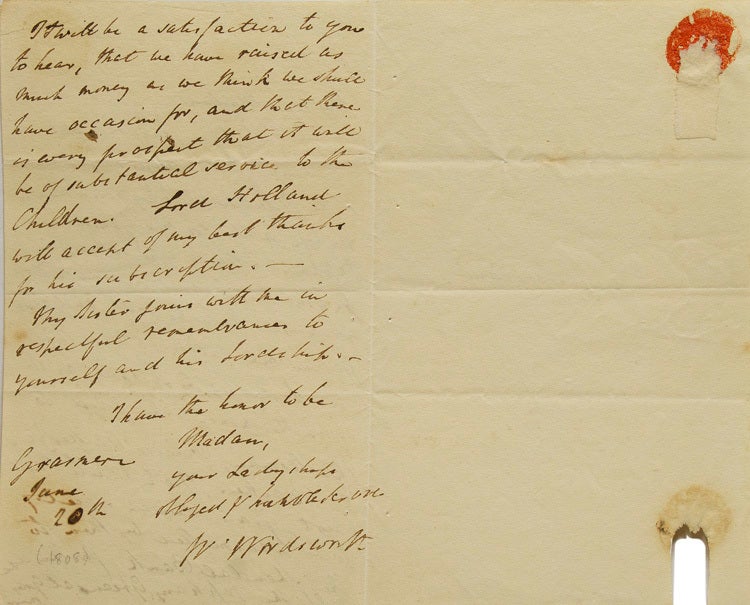 Autograph letter signed "W. Wordsworth" to Elizabeth Fox, Lady Holland, acknowledging her donation to the Grasmere orphans