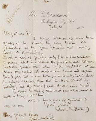 Item #313767 Autograph letter signed ("Edwin M Stanton") to John C Knox, regarding his silence in...