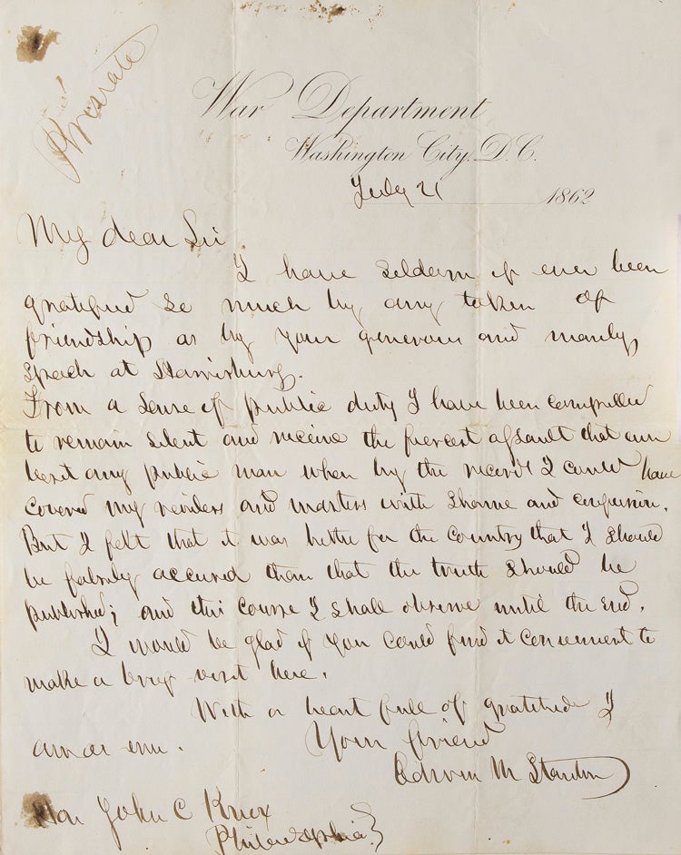 Item #313767 Autograph letter signed ("Edwin M Stanton") to John C Knox, regarding his silence in the face of accusations he'd withheld support from McClellan's Peninsula campaign of 1862. Edwin M. Stanton.
