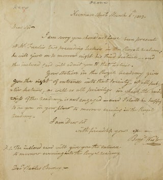 Autograph letter signed ("Benjn. West"), to Charles Burney, Jr, regarding Fuseli's lectures to. Benjamin West.