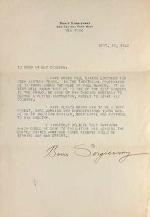 Item #313964 Typed letter signed ("Boris Sergievsky") to ("Whom it May Concern"). World War Two...