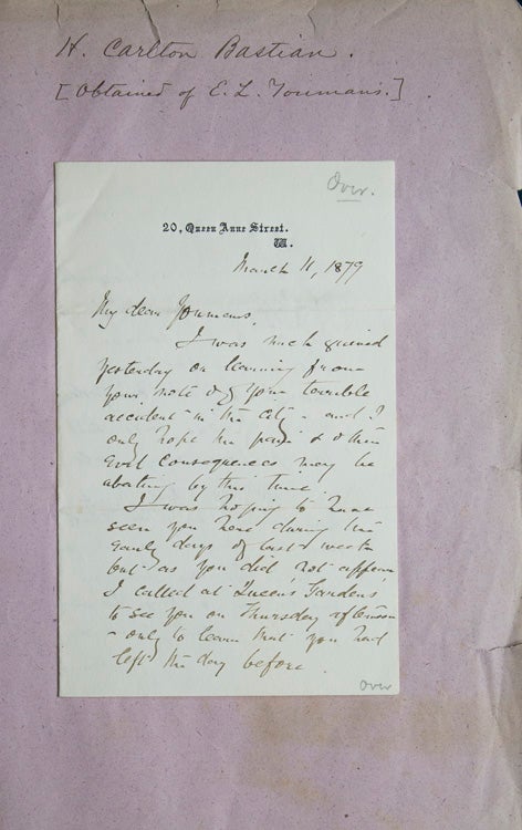 Item #31435 Autograph letter signed "H. Carlton Bastian" Henry Carlton Bastian, British Neurologist.