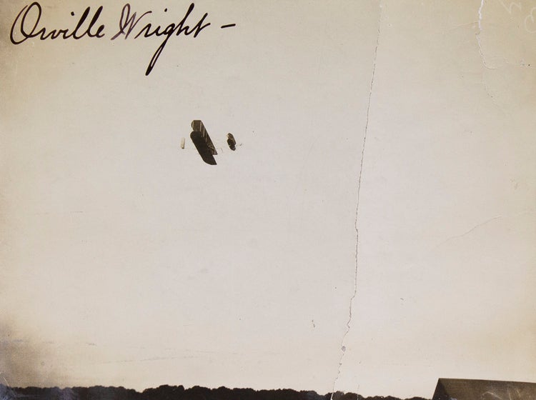 Item #314555 Photograph of the Wright Flyer in flight, signed by Orville. Orville Wright.