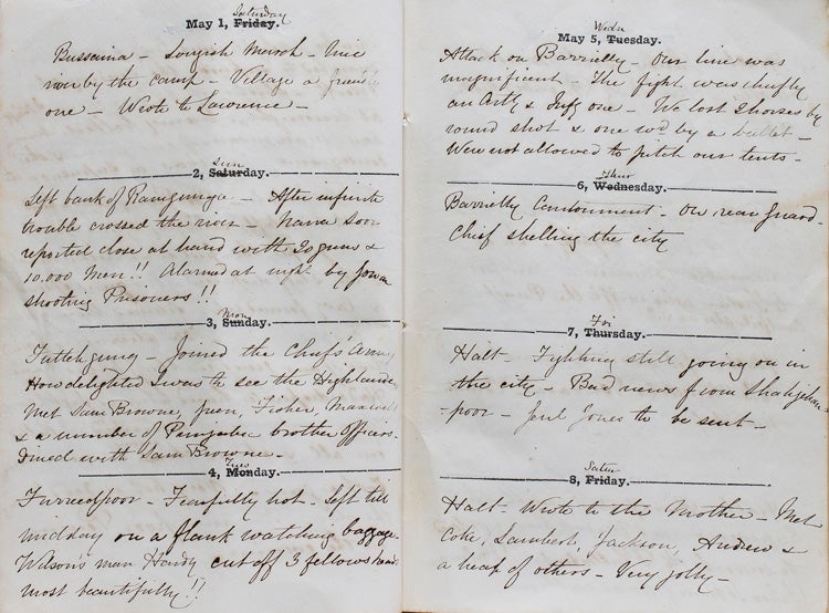 Original manuscript diary documenting the service of a British officer during the latter stages of the Sepoy Mutiny