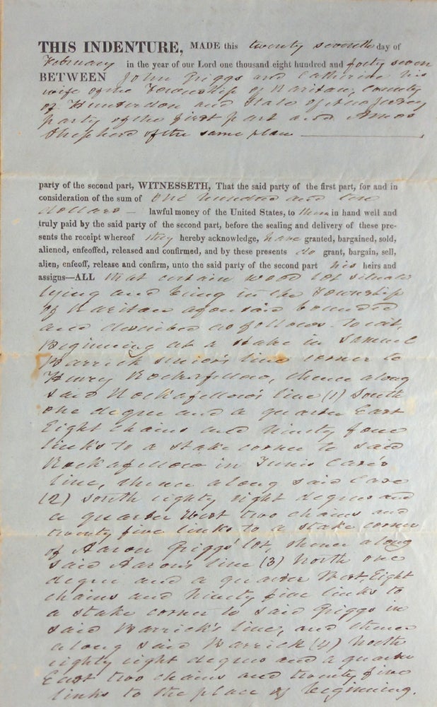 Item #314622 Autograph deed signed ("John Griggs") and ("Catharine Griggs") conveying a "certain wood lot" to Amos Shepherd for one hundred and five dollars. Hunterdon County, John Griggs.
