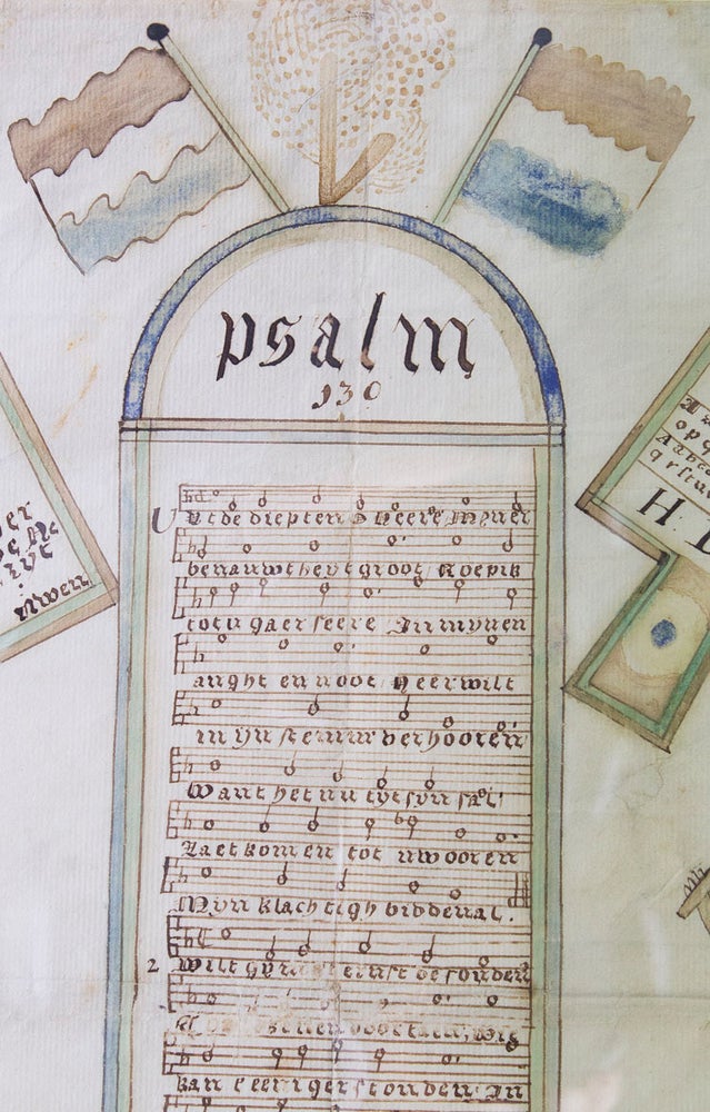 Dutch-American Illustrated manuscript broadside of Psalm 130 with allegorical elements