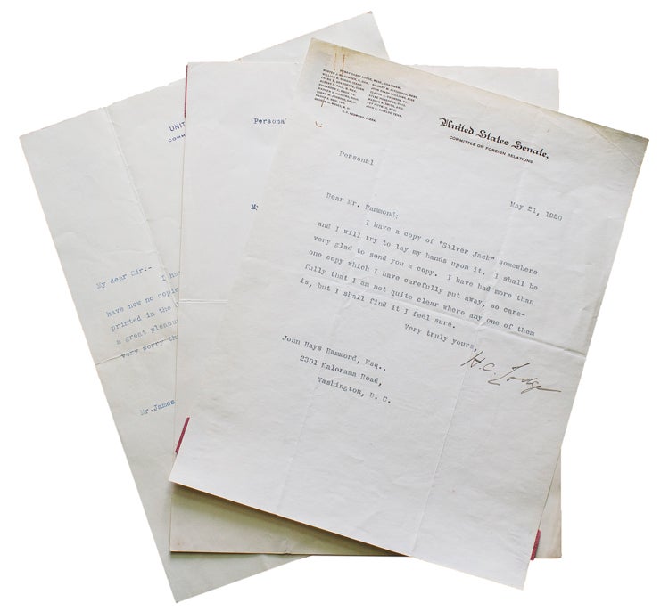 Item #314776 3 typed letters signed ("H.C. Lodge"), two to John Hays Hammond and one to the assistant of Mrs. Hammond. Henry Cabot Lodge.