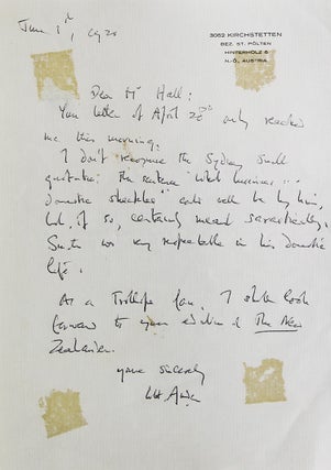 Item #314875 Autograph letter signed ("W.H. Auden"), 1 p, to N. John Hall. W. H. Auden