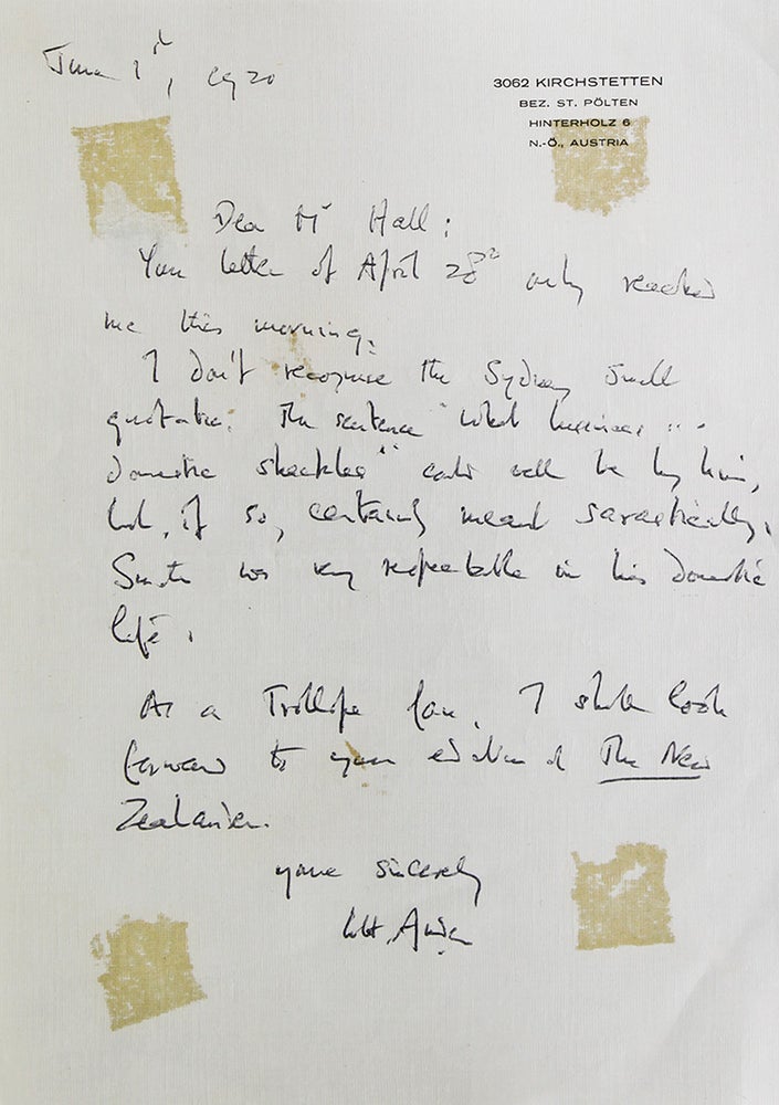 Item #314875 Autograph letter signed ("W.H. Auden"), 1 p, to N. John Hall. W. H. Auden.