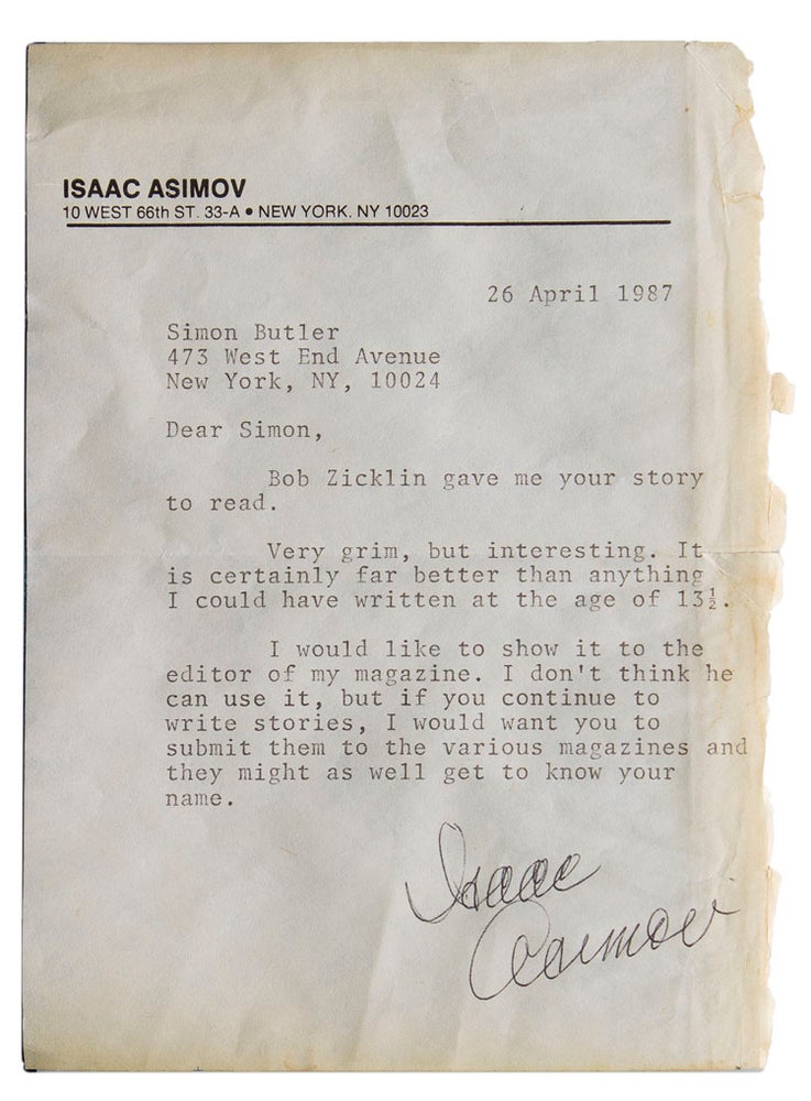 Item #314920 Typed Letter, signed (“Isaac Asimov”), 26 April 1987, a note of encouragement to a young fan. Asimov.