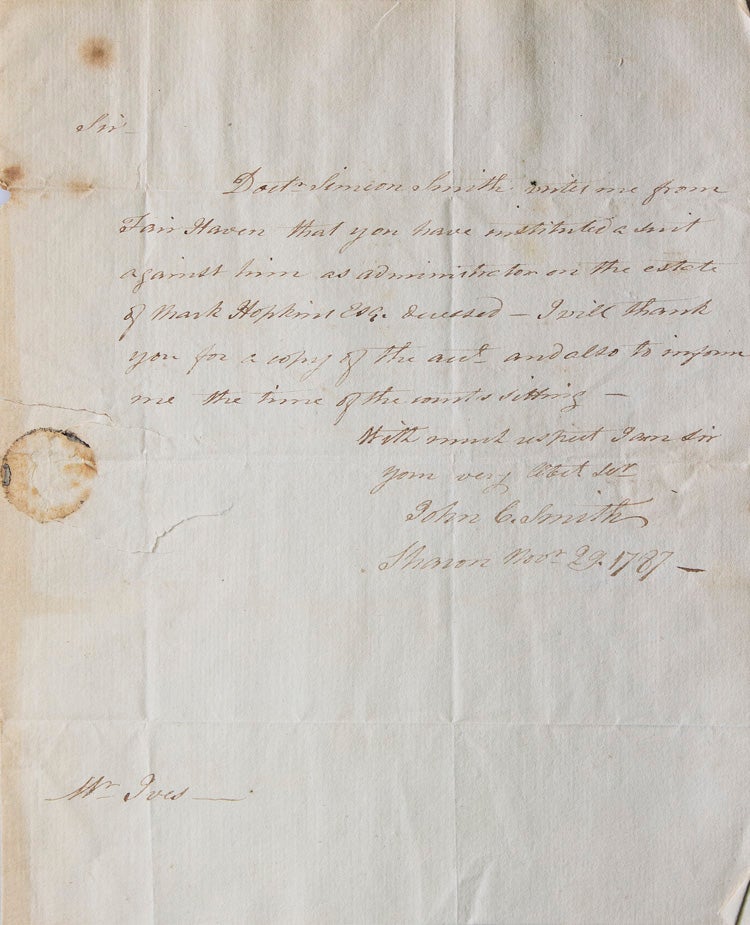 Item #315219 Autograph letter signed ("John C. Smith") to a Mr. Ives, Attorney at Law, requesting information on a case. John Cotton Smith.