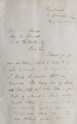 Item #315224 Autograph letter signed ("T.W. Higginson") to Revs. Banks and Bennett, regarding a...