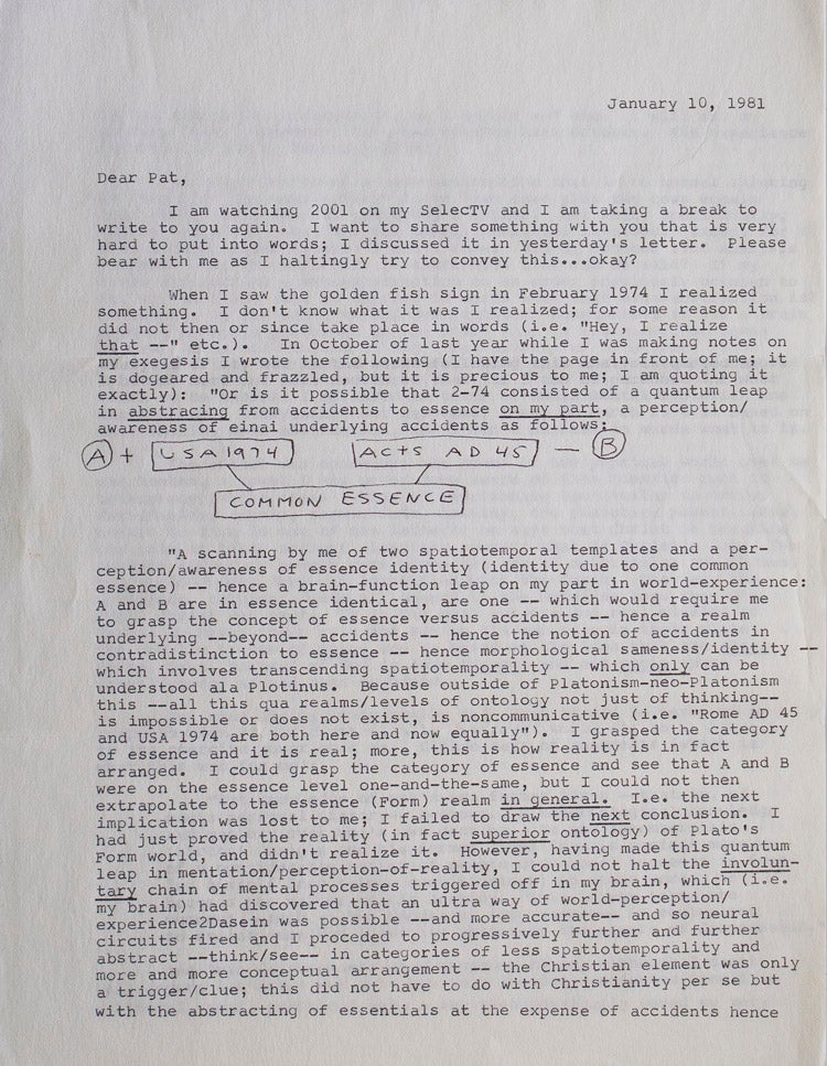 Typed Letter, signed (“Love, Phil”), to “Pat” [Patricia Warrick], 10 January 1981, on anamnesis and identity, the events of March 1974, and his novel Valis