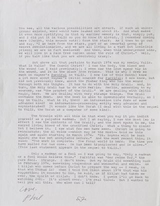 Typed Letter, signed (“Love, Phil”), to “Pat” [Patricia Warrick], 10 January 1981, on anamnesis and identity, the events of March 1974, and his novel Valis