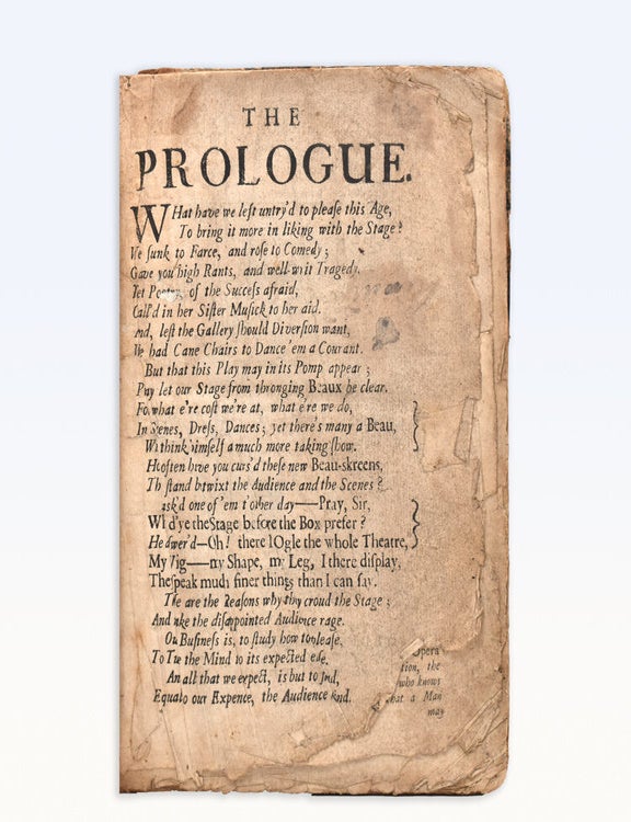 A collection of 10 plays including: Settle's adaptation from Shakespeare "The Fairy Queen;" iv, 52 pp. [London, 1692-3]; "The Rover: or the Banish'd Cavaliers" pp. 84 [London, 1709]; Crowne's "Caligula, a Tragedy," pp. 54 [London, 1698]; Wycherley's "The Gentleman Dancing-Master" pp. 68 [London 1702]; Dryden and Lee's "The Duke of Guise...to which is added A Vindication of the Play by Mr. Dryden" pp. 64 [London, 1699]; Otway's "Titus and Berenice," pp. 26 [London, 1701]; "The Cheats of Scapin" pp. 24; Buckingham's "The Chances" pp. 56 [London, 1705]; Otway's "Don Carlos...Fifth edition" pp. 56 [London, 1704]; "Arsinoe, Queen of Cyprus"