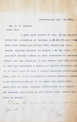 Item #315359 Typed letter signed ("G.W. Cable") to Mr. F.C. Norton ("Dear Sir") answering a...