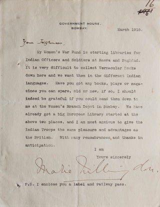 Item #315367 Typed letter signed Lady Marie Willingdon ("Marie Willingdon") to the Rajsaheb...
