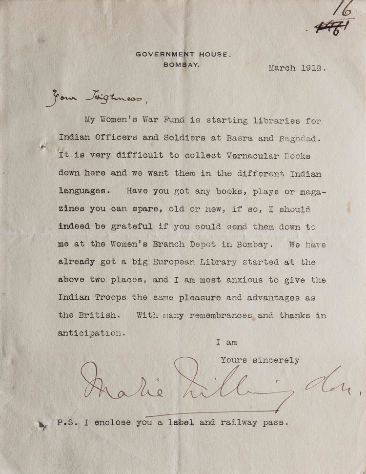 Item #315367 Typed letter signed Lady Marie Willingdon ("Marie Willingdon") to the Rajsaheb ("Your Highness"), requesting "books, plays or magazines you can spare…" for Indian Officers and Soldiers. British Raj, Marie Adelaide Freeman-Thomas Willingdon.