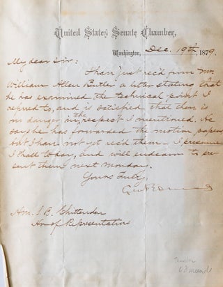 Item #315370 Autograph letter signed ("Geo F Edmunds") to U.S. Congressman, Simeon B. Chittenden...