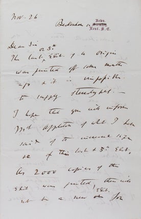 Autograph letter signed ("Ch. Darwin"), to Charles Layton, Appleton's London agent, about a. Charles Darwin.