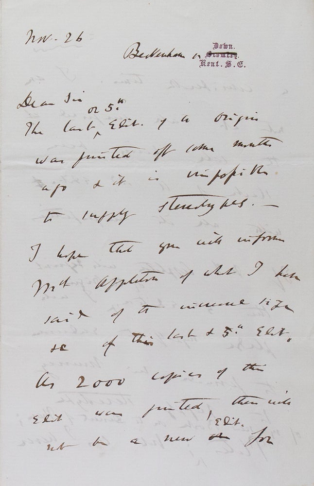 Item #315466 Autograph letter signed ("Ch. Darwin"), to Charles Layton, Appleton's London agent, about a second American edition of On the Origin of Species. Charles Darwin.