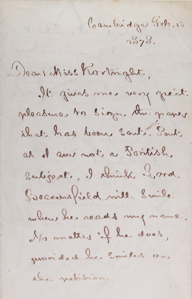 Autograph letter signed ("Henry W. Longfellow"), to the English novelist Fanny Aikin Kortright, mentioning dinner with Cruikshank and others at Dickens' place