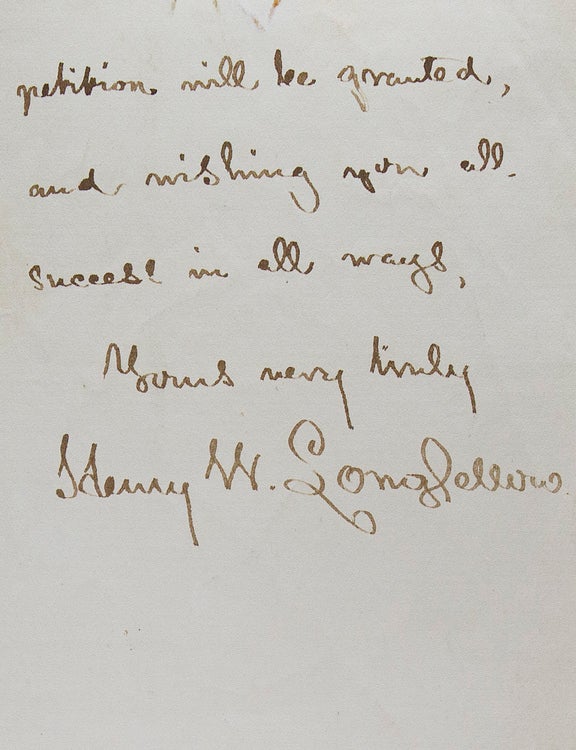 Autograph letter signed ("Henry W. Longfellow"), to the English novelist Fanny Aikin Kortright, mentioning dinner with Cruikshank and others at Dickens' place