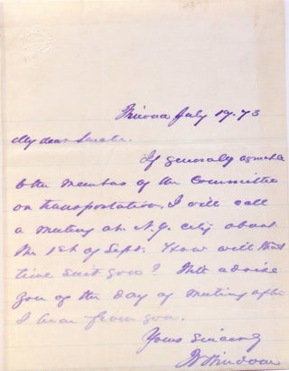 Item #315703 Autograph note signed ("W Windom") to ("My Dear Senator") calling a meeting of the...