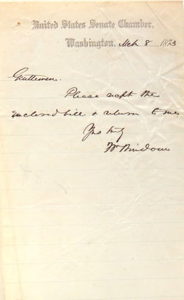 Item #315704 Autograph note signed ("Wm Windom") to ("Gentlemen"). William Windom