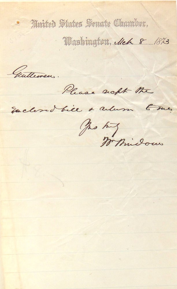 Item #315704 Autograph note signed ("Wm Windom") to ("Gentlemen"). William Windom.