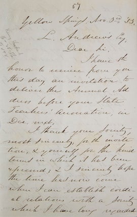 Item #316013 Autograph letter signed ("Horace Mann"), to L. Andrews, accepting the invitation of...