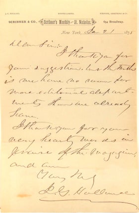 Item #316032 Autograph letter signed ("J.G. Holland") to ("Dear Sir"). Josiah Gilbert Holland