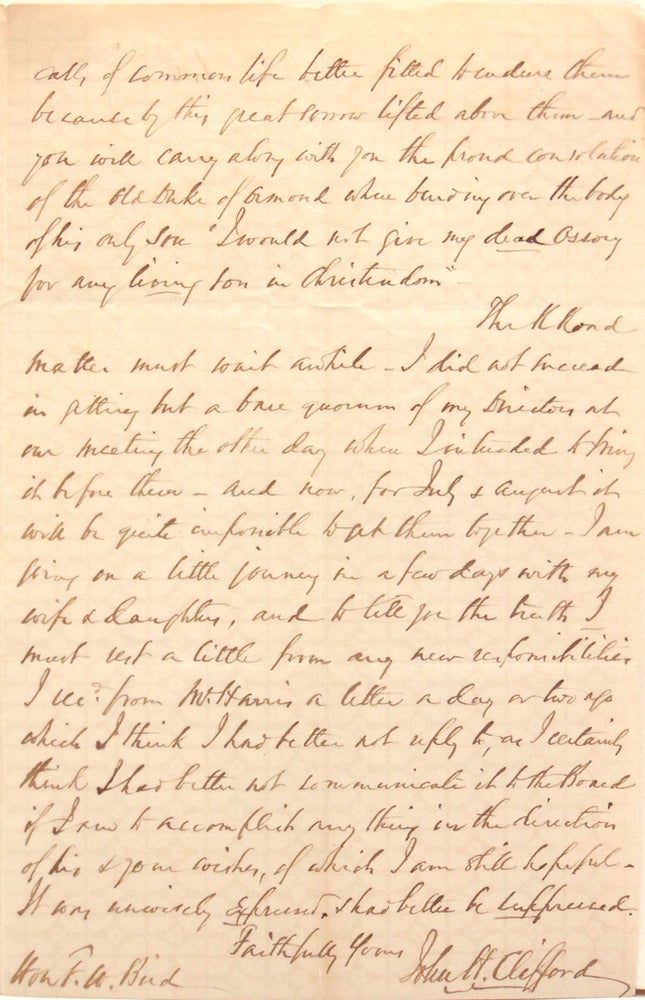 Autograph letter signed ("John H. Clifford") to F.W. Bird ("My Dear Friend") offering condolences for the death of Brid's son