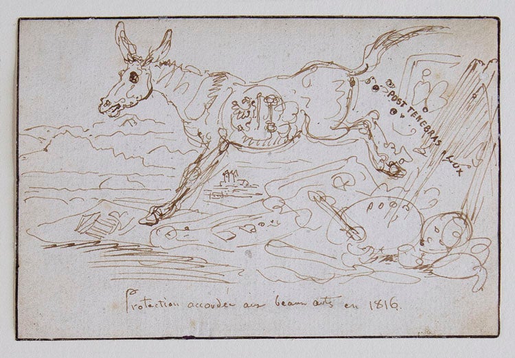 Item #316227 Pen and Ink drawing entitled "Protection accorder aux beaux artes en 1816" with a kicking ass depicted