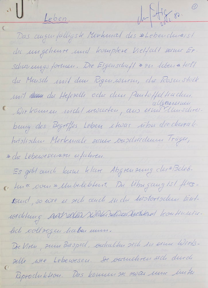 Leben. Autograph Manuscript, signed (“Manfred Eigen”) at head of first page