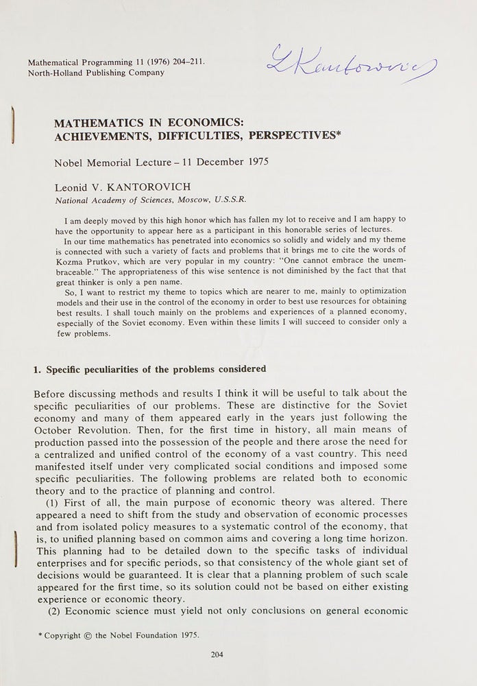 Item #316271 Mathematics in Economics: Acheivements, Difficulties, Perspectives. Nobel Memorial Lecture 11 December 1975. Leonid Vitalevich Kantorovich.