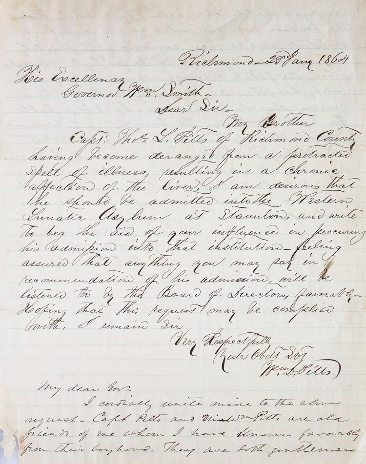 ALS to Governor William Smith of Va., with "Extra Billy's" note on back agreeing with the assessment, asking for help for his brother Captain Thomas L. Pitts
