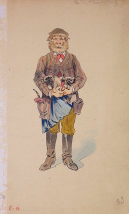 Item #316541 Watercolour Drawing of man with 2 dogs in his arms. Alfred Choubrac