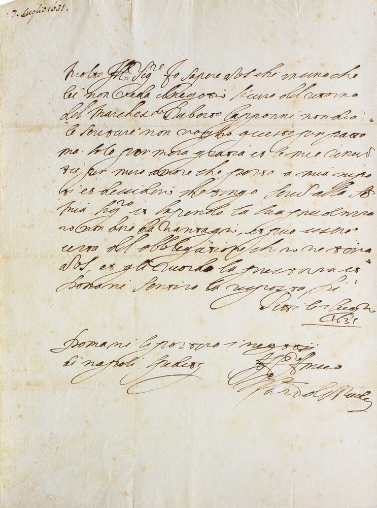 Letter signed (“fratello et servitor Cosimo de Medici”), to the Conte di Benevento, 6 di Novemb. 1539