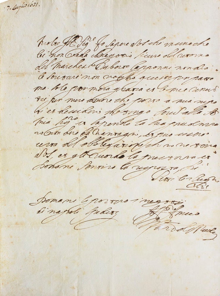 Item #317061 Letter signed (“fratello et servitor Cosimo de Medici”), to the Conte di Benevento, 6 di Novemb. 1539. Cosimo I. de Medici.
