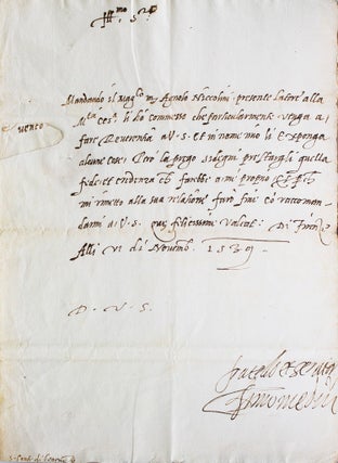 Letter signed (“fratello et servitor Cosimo de Medici”), to the Conte di Benevento, 6 di Novemb. 1539