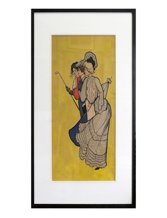 Original watercolor of three young ladies in turn of-the-century fashions, one of whom holds a golf club and has on her stock tie a design of crossed clubs