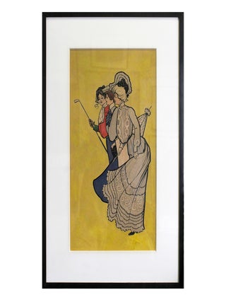 Item #31713 Original watercolor of three young ladies in turn of-the-century fashions, one of...