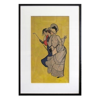 Item #31713 Original watercolor of three young ladies in turn of-the-century fashions, one of...