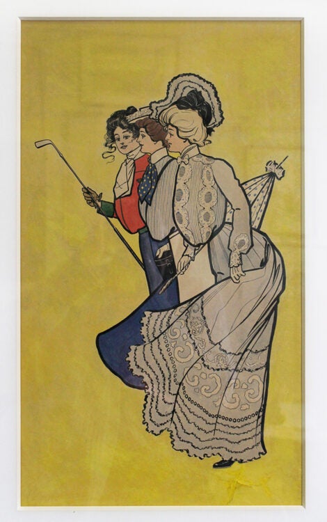 Original watercolor of three young ladies in turn of-the-century fashions, one of whom holds a golf club and has on her stock tie a design of crossed clubs