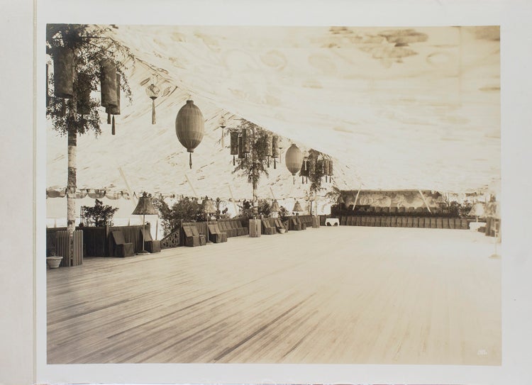 Five vintage photographs of the preparations for an outdoor party on the grounds of the Richard B. Mellon estate