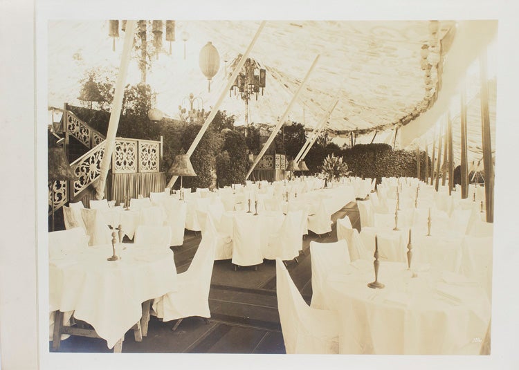 Five vintage photographs of the preparations for an outdoor party on the grounds of the Richard B. Mellon estate